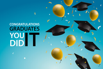 Happy graduation Class banner with flying graduation hats, balloons and confetti on a blue sky background