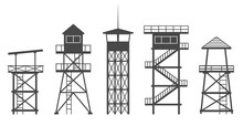 Observation tower in prison, army and for safari hunting. Military camp post silhouette vector illustration.