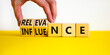 Influence or relevance symbol. Businessman turns wooden cubes and changes the word Influence to Relevance. Beautiful yellow table white background. Business influence or relevance concept. Copy space.