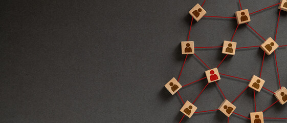 organization structure, social network and teamwork concept on dark background. business people icon