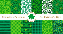 Shamrock And Lucky Clover Seamless Pattern Set, St. Patrick's Day Green Background. Leopard Print, Buffalo Plaid, Four Leaf Clover. Vector Illustration