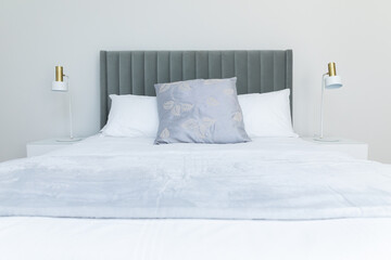 Sticker - Double bed design in blue and white tones in modern style with nightstands on both sides