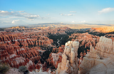 Poster - High angle of the Bryce Canyon, Utah partly covered with green forests at sunset