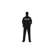 Standing Policeman In Uniform Black Vector Silhouette Or Logo Illustration.