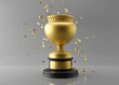 Golden champion, trophy cup with falling confetti on gray background. Free, copy space for text. Trophy cup mock up. Sport award, winner prize, winning concept. Gold, first place. 3D rendering.