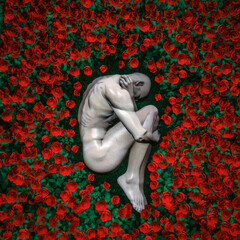 Mental health rose concept - 3D illustration of sad male figure in foetal position lying in garden of roses