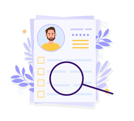 Sticker - Curriculum vitae concept. Young guy sent his resume. Candidates for vacancy, talented people, recruitment of specialists to company. Assessment of potential employees. Cartoon flat vector illustration