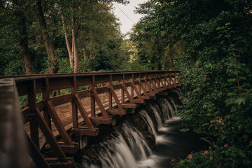 Canvas Print - Beautiful view of the wooden bridge over the waterfall in the green forest.