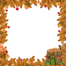 Square Frame Of Oak Leaves, Acorns, Red Berries And Hemp On A White Background.