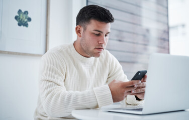 Poster - Good connectivity brings good results. Shot of a young man using a laptop and smartphone while working from home.