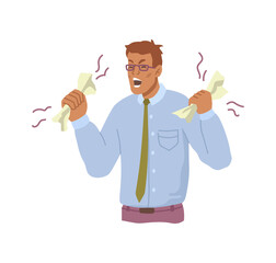 Poster - Furious and stressed worker with anger and frustration. Vector male personage screaming and yelling, busy employee or nervous boss or manager. Businessman yelling, flat cartoon characters at job