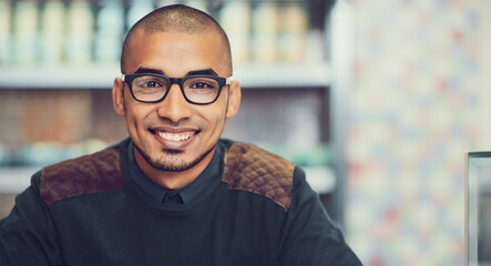 Aufkleber - Im here for my daily dose of caffeine. Portrait of a young man sitting in a cafe.