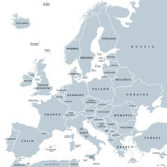 europe, gray political map. continent and part of eurasia, located in the northern hemisphere, with 