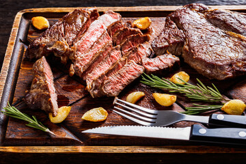 fried juicy chuck eye beef steaks, top view