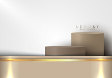 3D Realistic Brown Cylinder Podium Elegant Template Golden Shiny Metallic Stripes
