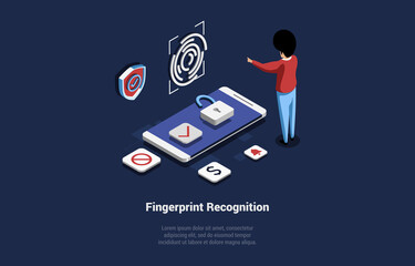 Poster - Vector Illustration On Fingerprint Recognition Program Concept. Isometric 3D Composition In Cartoon Style. Dark Background And Writing. Unlock Mobile Phone Or Application With Finger. Human Standing