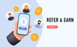 Refer a friend concept. Hands hold phone with contacts of friends. Business partnership strategy with group of people. Social media marketing for friends or Influencer web banner template. 3D vector