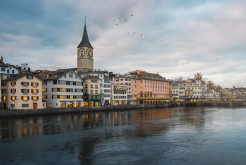 Poster - Zurich Skyline with St Peters Church and Limmat river - Zurich, Switzerland