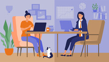 Hybrid Work Place. Freelancer Versus Office Worker, Remote Worker And Modern Technology. Manager And Housewife, Girl Indoor. Comfortable Workplace, Home Or Office. Cartoon Flat Vector Illustration