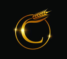 Golden Wheat Grain Monogram Initial Letter C