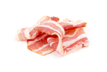 Bacon Strips, Raw Smoked Pork Meat Slices Isolated On White