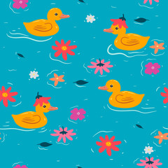 Wall Mural - Seamless pattern with cute ducklings and flowers. Vector graphics.