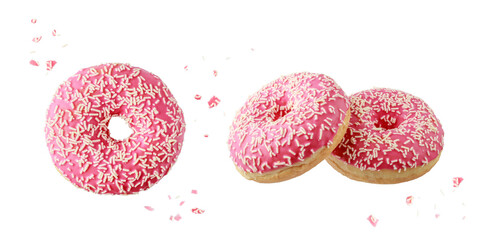 Wall Mural - Pink glazed donut with white sprinkles and crumbs flying.