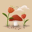 Mushroom porcini illustration painting handmade isolated on orange background