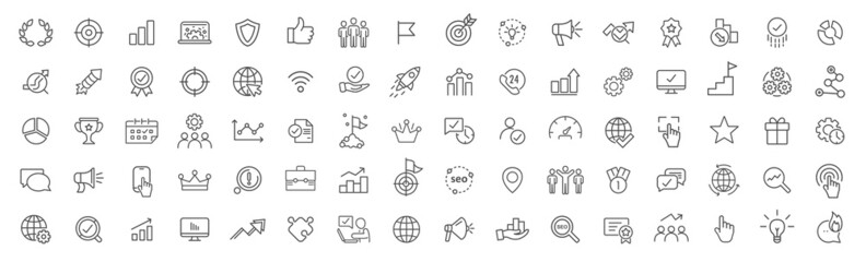 Sticker - SEO and promotion line icons collection. Big UI icon set. Thin outline icons pack. Vector illustration eps10