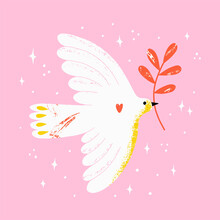 Concept For World Peace Day Postcard With Dove And Branch. Poster With Symbol, No War, World Day Of Peace, Equality And Love. Hand Drawn Vector Illustration.