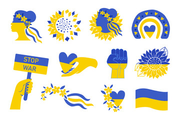 Ukrainian icons set of national symbol isolated on white background. Clipart collection vector flat illustration with rainbow, sunflower, woman, heart, flag, wreath, hand, ribbon in blue, yellow color