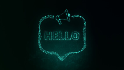 Fototapete - Megaphone banner with speech bubble and text hello. Plexus style of green glowing dots and lines. Abstract illustration