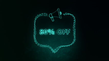 Poster - Megaphone banner with speech bubble and text 80 percent off. Plexus style of green glowing dots and lines. Abstract illustration