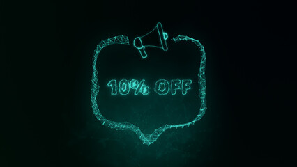 Poster - Megaphone banner with speech bubble and text 10 percent off. Plexus style of green glowing dots and lines. Abstract illustration