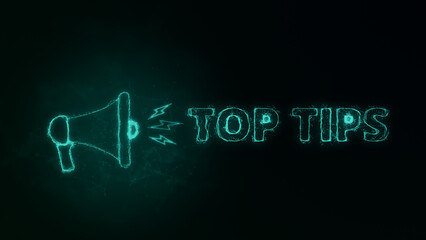 Poster - Megaphone banner with text top tips. Plexus style of green glowing dots and lines. Abstract illustration