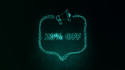 Fototapete - Megaphone banner with speech bubble and text 20 percent off. Plexus style of green glowing dots and lines. Abstract illustration