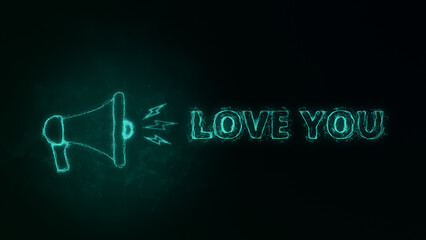 Poster - Megaphone banner with text love you. Plexus style of green glowing dots and lines. Abstract illustration