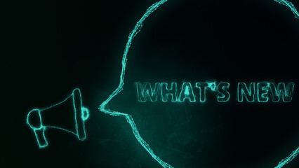 Poster - Megaphone banner with speech bubble and text what's new. Plexus style of green glowing dots and lines. Abstract illustration