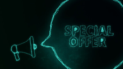 Aufkleber - Megaphone banner with speech bubble and text special offer. Plexus style of green glowing dots and lines. Abstract illustration