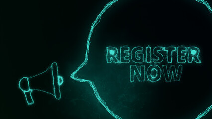 Poster - Megaphone banner with speech bubble and text register now. Plexus style of green glowing dots and lines. Abstract illustration