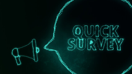 Leinwandbilder - Megaphone banner with speech bubble and text quick survey. Plexus style of green glowing dots and lines. Abstract illustration