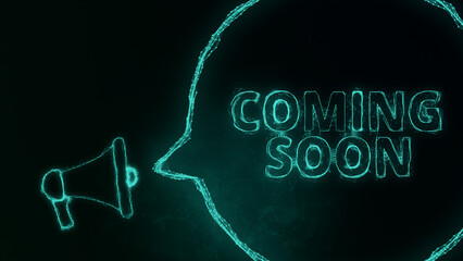 Leinwandbilder - Megaphone banner with speech bubble and text coming soon. Plexus style of green glowing dots and lines. Abstract illustration
