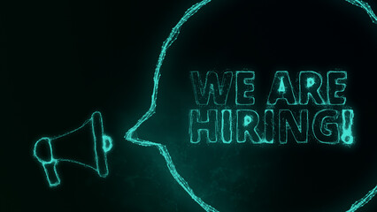 Aufkleber - Megaphone banner with speech bubble and text we are hiring. Plexus style of green glowing dots and lines. Abstract illustration