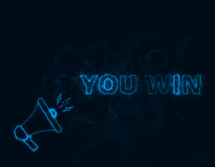 Leinwandbilder - Megaphone banner with text you win. Plexus style of blue glowing dots and lines. Abstract illustration