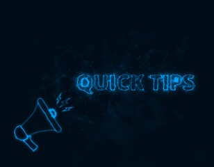 Leinwandbilder - Megaphone banner with text quick tips. Plexus style of blue glowing dots and lines. Abstract illustration