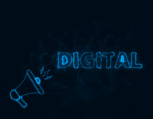 Aufkleber - Megaphone banner with text digital. Plexus style of blue glowing dots and lines. Abstract illustration