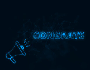 Leinwandbilder - Megaphone banner with text congrats. Plexus style of blue glowing dots and lines. Abstract illustration