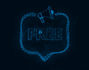 Leinwandbilder - Megaphone banner with speech bubble and text free. Plexus style of blue glowing dots and lines. Abstract illustration