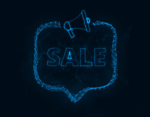 Aufkleber - Megaphone banner with speech bubble and text sale. Plexus style of blue glowing dots and lines. Abstract illustration