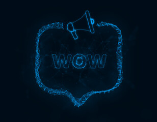 Leinwandbilder - Megaphone banner with speech bubble and text wow. Plexus style of blue glowing dots and lines. Abstract illustration